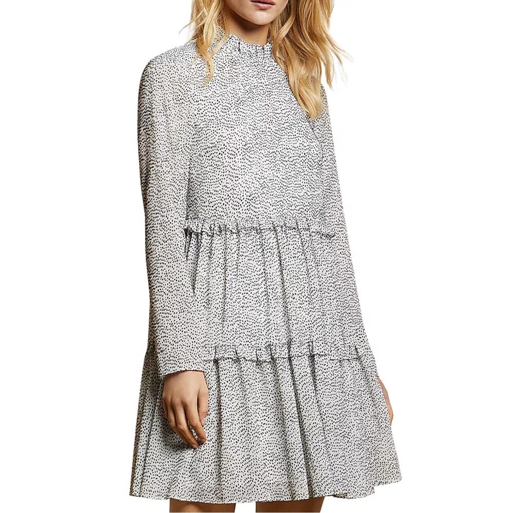 Ted Baker Phenia‎ Flocked Mini Dress Black White Ruffle Tiered Sz 6 US (2 Ted)